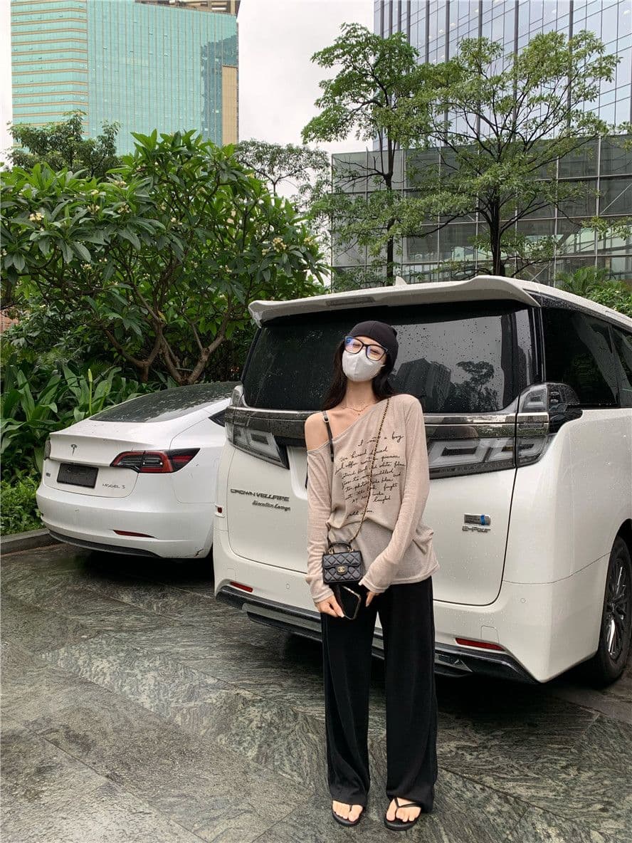 오프숄더 슬립 긴팔 티셔츠 여성 여름 얇은 스타일 알파벳 루즈핏 자외선 차단 블라우스 만나는 작은 셔츠 맨위 상세 이미지 6