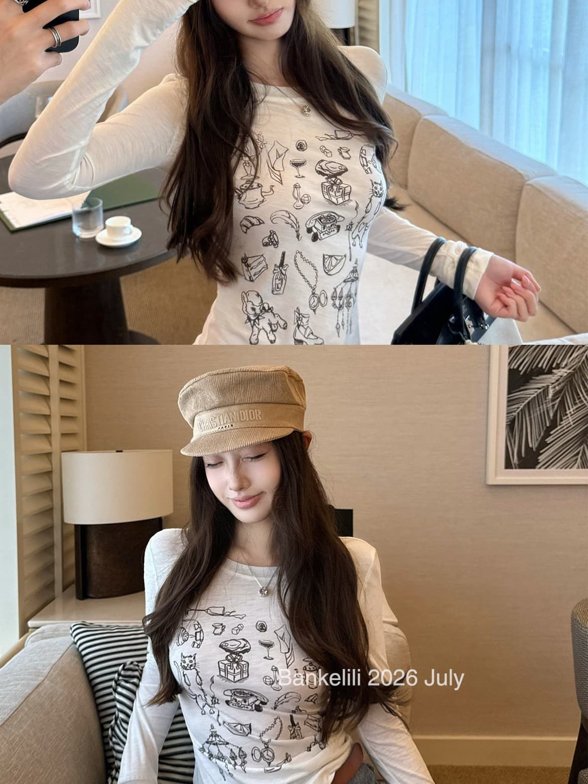 눈꽃 면 얇은 스타일 레트로 라운드 넥 프린트 자외선 차단 긴팔 맨위 여성 여름 몸매 가꾸기 작은 대중 긍정적 인 어깨 화이트 티셔츠