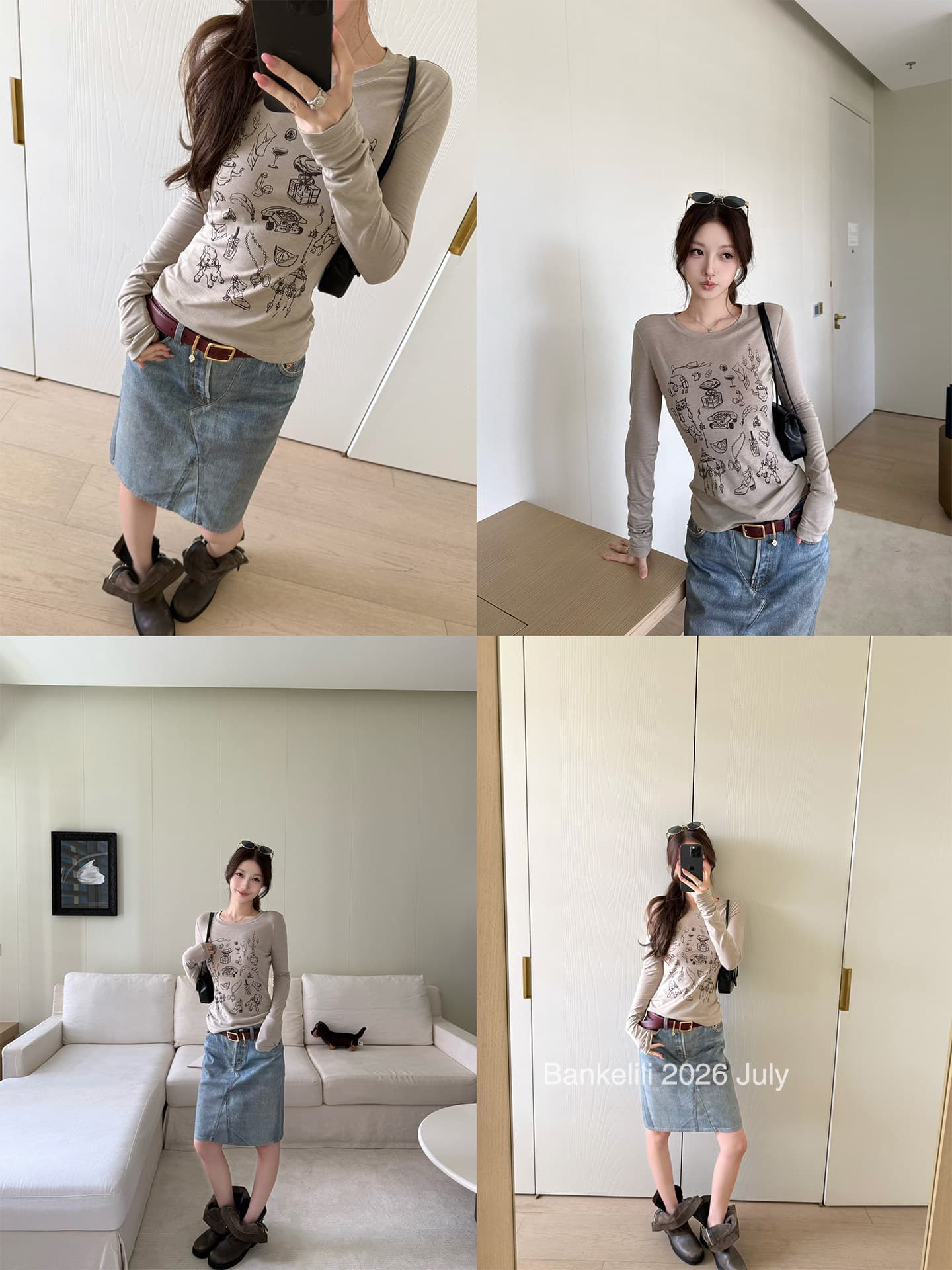 눈꽃 면 얇은 스타일 레트로 라운드 넥 프린트 자외선 차단 긴팔 맨위 여성 여름 몸매 가꾸기 작은 대중 긍정적 인 어깨 화이트 티셔츠 이미지 4