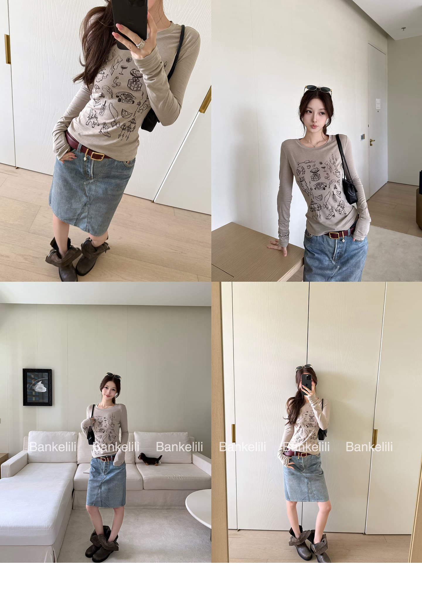 눈꽃 면 얇은 스타일 레트로 라운드 넥 프린트 자외선 차단 긴팔 맨위 여성 여름 몸매 가꾸기 작은 대중 긍정적 인 어깨 화이트 티셔츠 상세 이미지 26