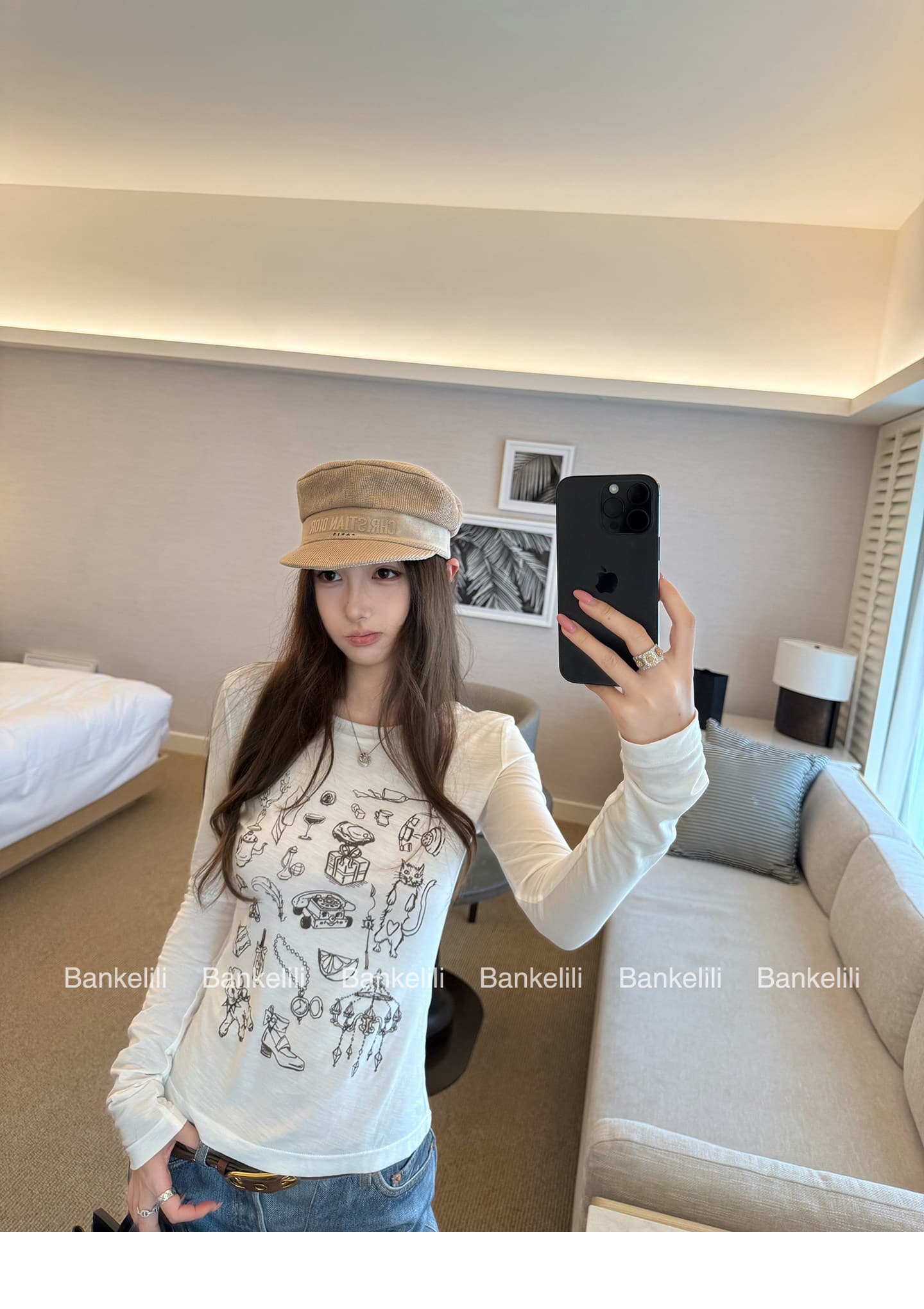 눈꽃 면 얇은 스타일 레트로 라운드 넥 프린트 자외선 차단 긴팔 맨위 여성 여름 몸매 가꾸기 작은 대중 긍정적 인 어깨 화이트 티셔츠 상세 이미지 29