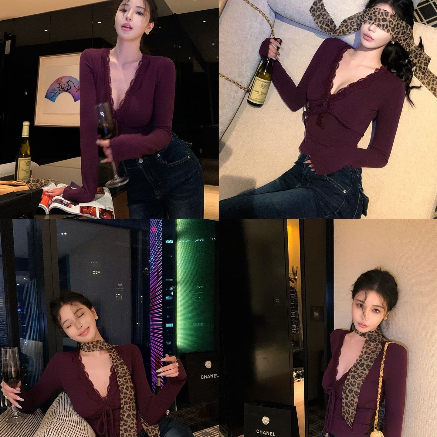 사람들 면 고급 센스 레이스 조각 보라색 V넥 긴팔 티셔츠 가을 몸매 가꾸기 인사이드 가져 가라. 기본 셔츠 맨위 이미지 2