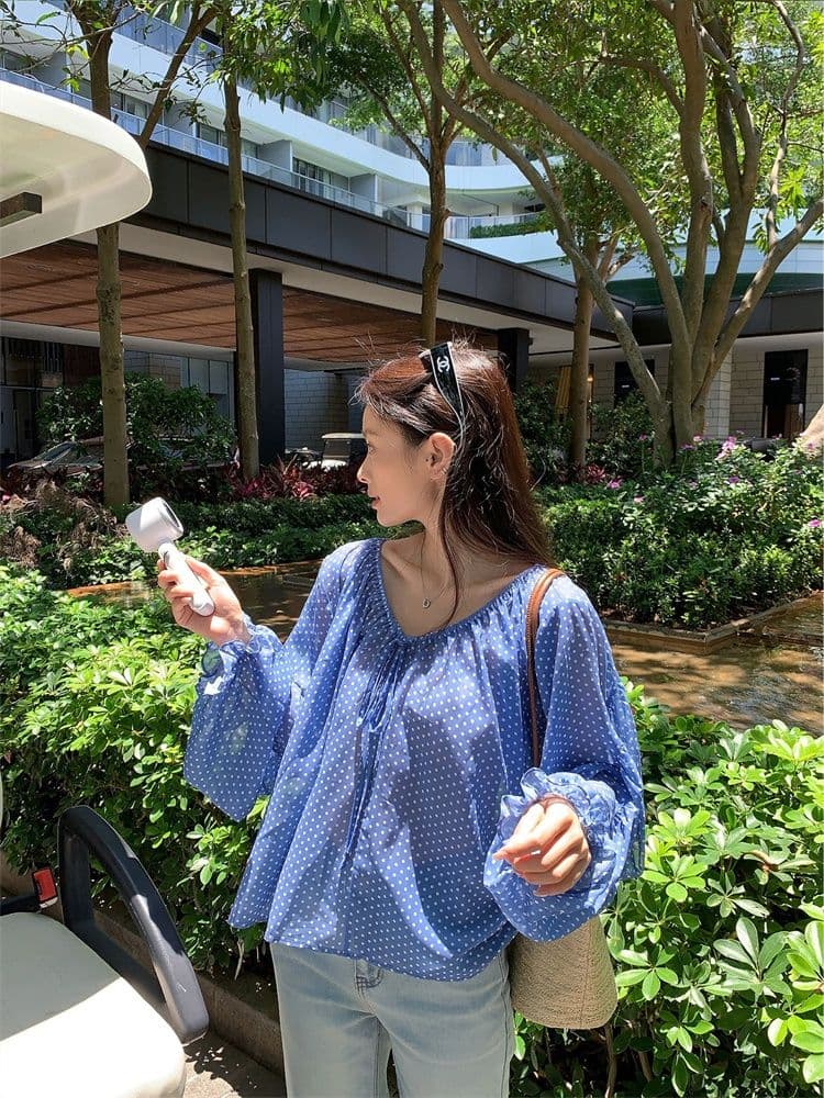 쉬폰 한 부서 오프숄더 도트 무늬 레이스업 시폰 셔츠 여성 여름 루즈핏 마이크로 ~을 통해 디자인 센스 긴팔 맨위 이미지 4