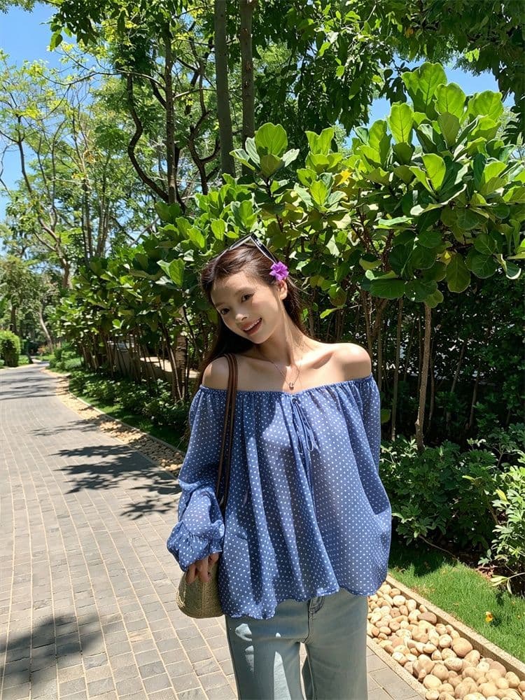 쉬폰 한 부서 오프숄더 도트 무늬 레이스업 시폰 셔츠 여성 여름 루즈핏 마이크로 ~을 통해 디자인 센스 긴팔 맨위 상세 이미지 7