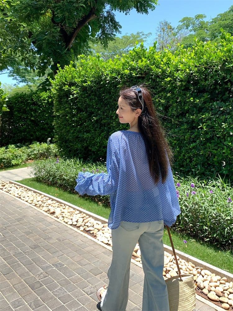 쉬폰 한 부서 오프숄더 도트 무늬 레이스업 시폰 셔츠 여성 여름 루즈핏 마이크로 ~을 통해 디자인 센스 긴팔 맨위 상세 이미지 17