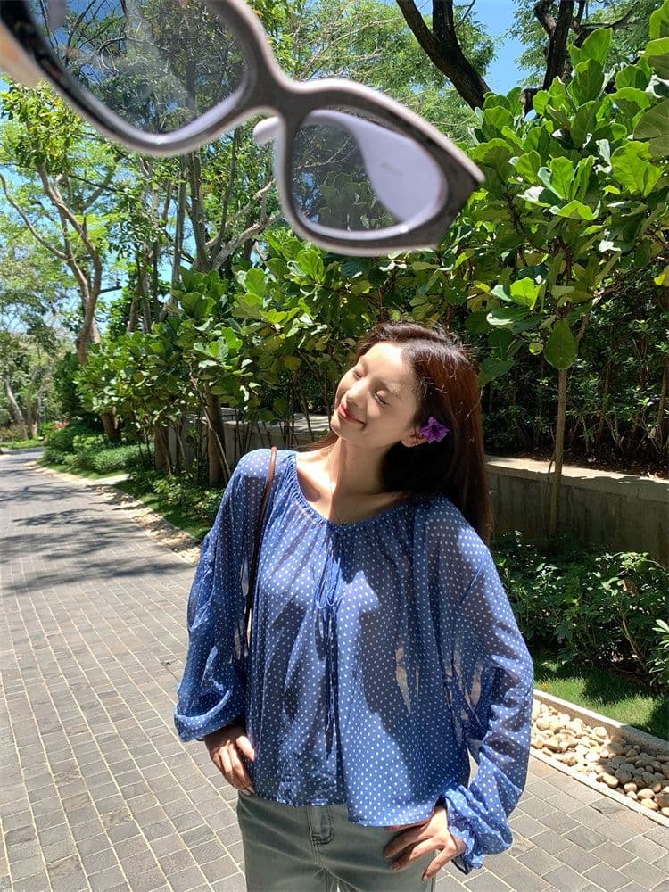 쉬폰 한 부서 오프숄더 도트 무늬 레이스업 시폰 셔츠 여성 여름 루즈핏 마이크로 ~을 통해 디자인 센스 긴팔 맨위 상세 이미지 18