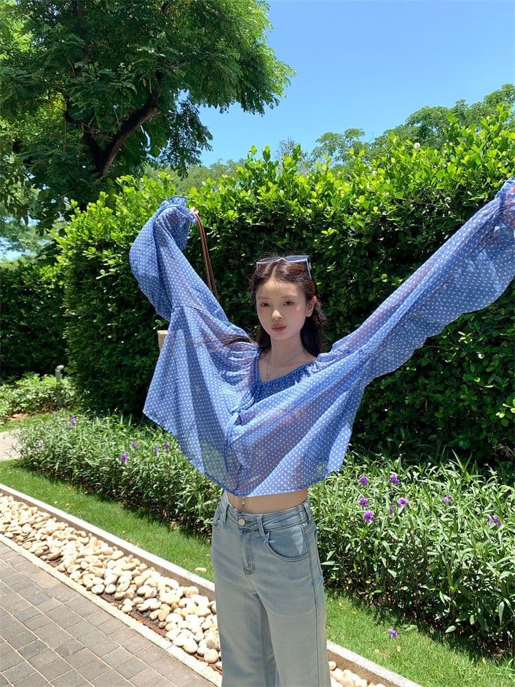 쉬폰 한 부서 오프숄더 도트 무늬 레이스업 시폰 셔츠 여성 여름 루즈핏 마이크로 ~을 통해 디자인 센스 긴팔 맨위 상세 이미지 19