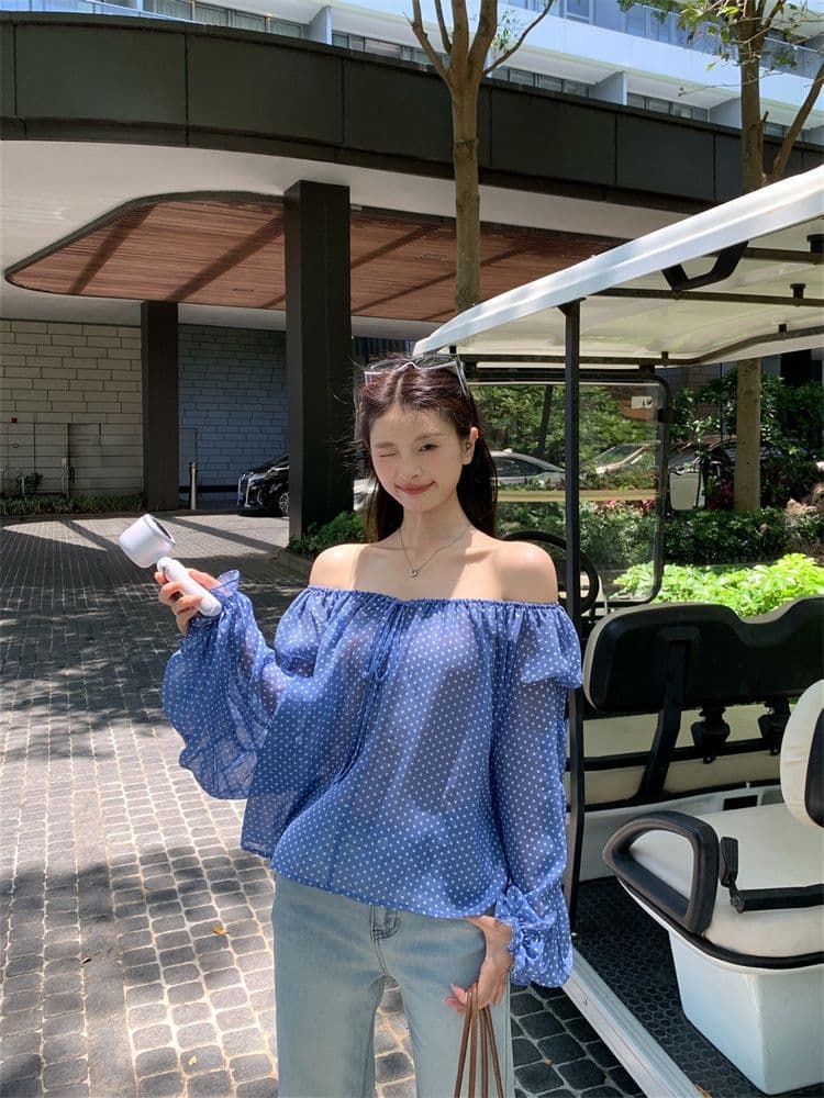 쉬폰 한 부서 오프숄더 도트 무늬 레이스업 시폰 셔츠 여성 여름 루즈핏 마이크로 ~을 통해 디자인 센스 긴팔 맨위 상세 이미지 20