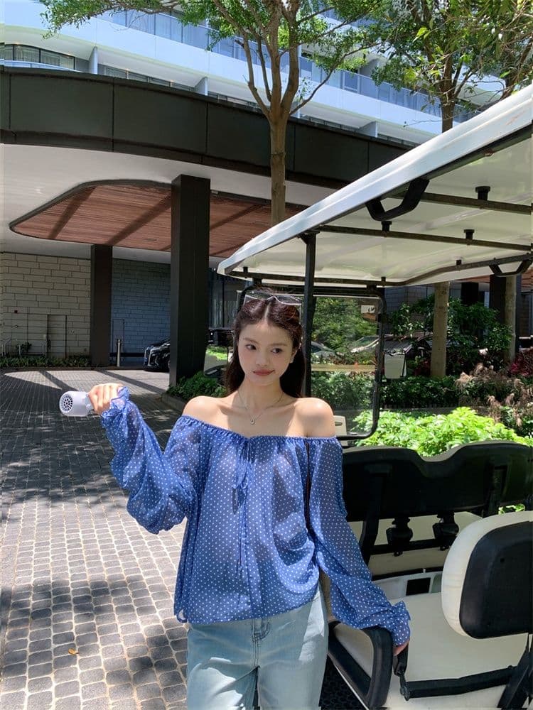 쉬폰 한 부서 오프숄더 도트 무늬 레이스업 시폰 셔츠 여성 여름 루즈핏 마이크로 ~을 통해 디자인 센스 긴팔 맨위 상세 이미지 21