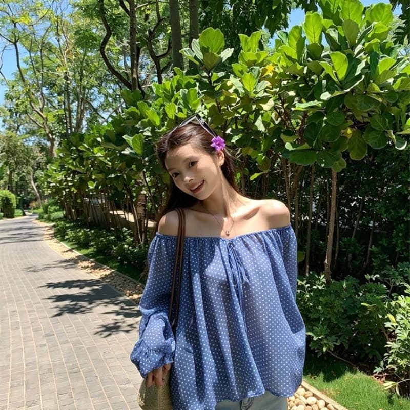 쉬폰 한 부서 오프숄더 도트 무늬 레이스업 시폰 셔츠 여성 여름 루즈핏 마이크로 ~을 통해 디자인 센스 긴팔 맨위 이미지 5
