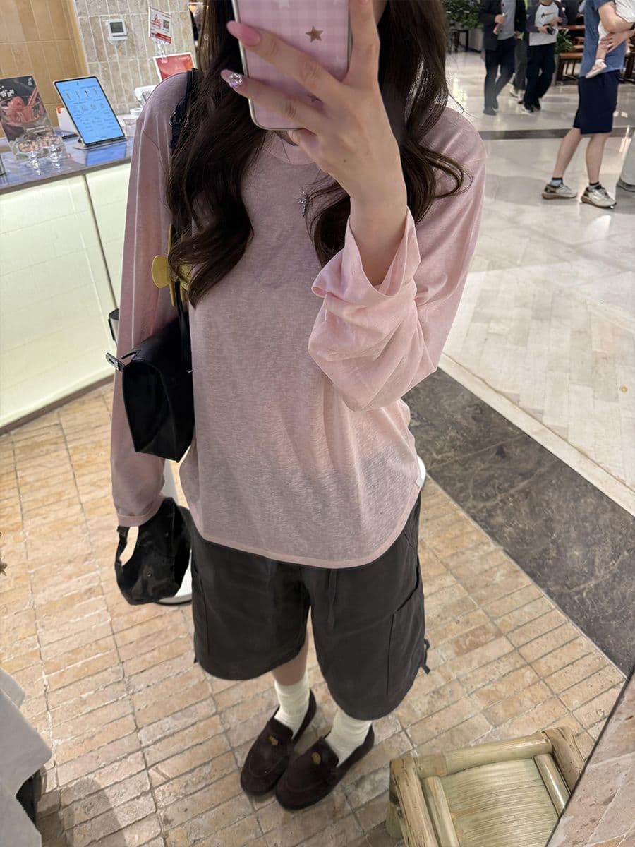 라이 경기 서울 실크 미끄러짐 눈꽃 면 얇은 스타일 마이크로 ~을 통해 자외선 차단 블라우스 여성 긴 소매 루즈핏 라운드 넥 단색 맨위 이미지 4