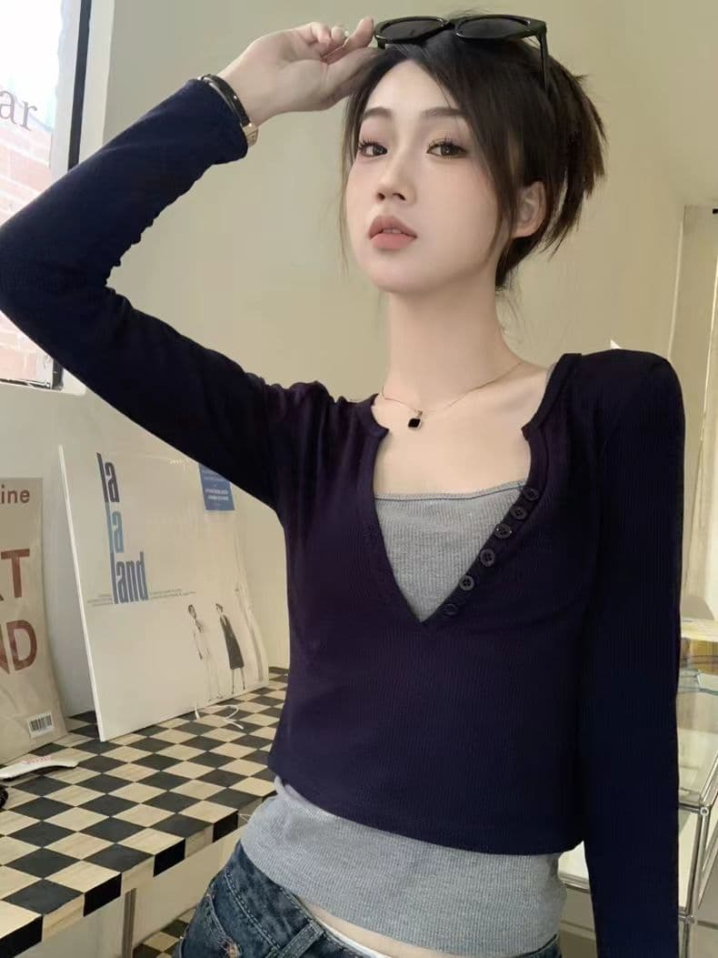 긴팔 티셔츠 페이크 레이어드 기본 셔츠 라운드 넥 맨위 한국 스타일 여성 의류