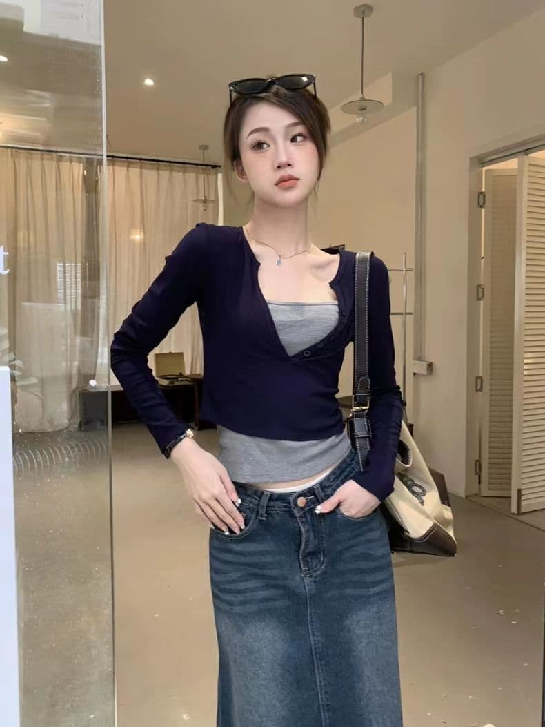 긴팔 티셔츠 페이크 레이어드 기본 셔츠 라운드 넥 맨위 한국 스타일 여성 의류 상세 이미지 6