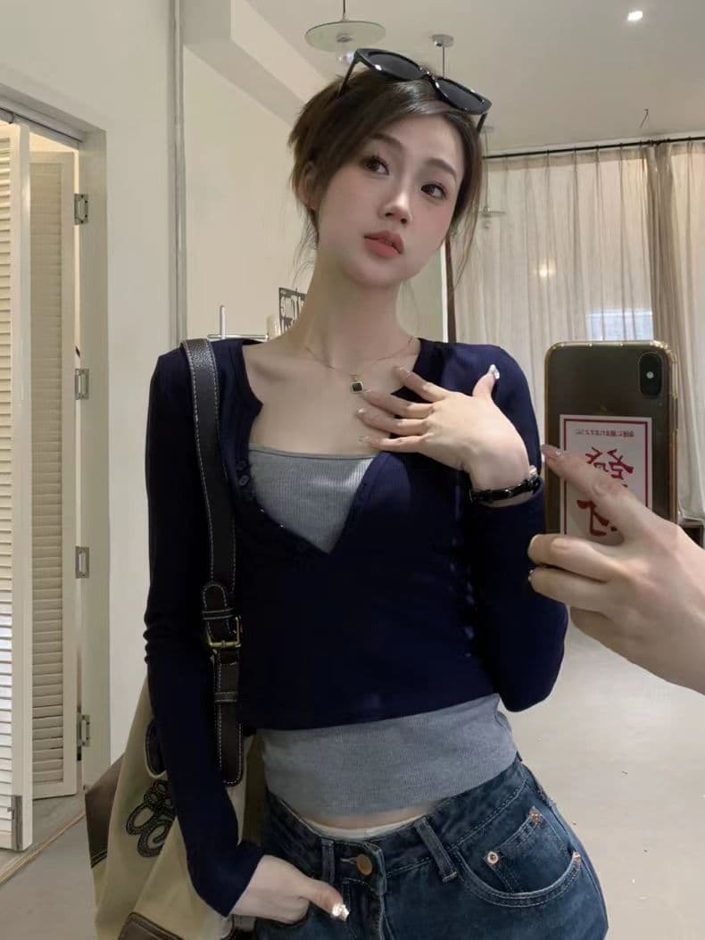 긴팔 티셔츠 페이크 레이어드 기본 셔츠 라운드 넥 맨위 한국 스타일 여성 의류 상세 이미지 7