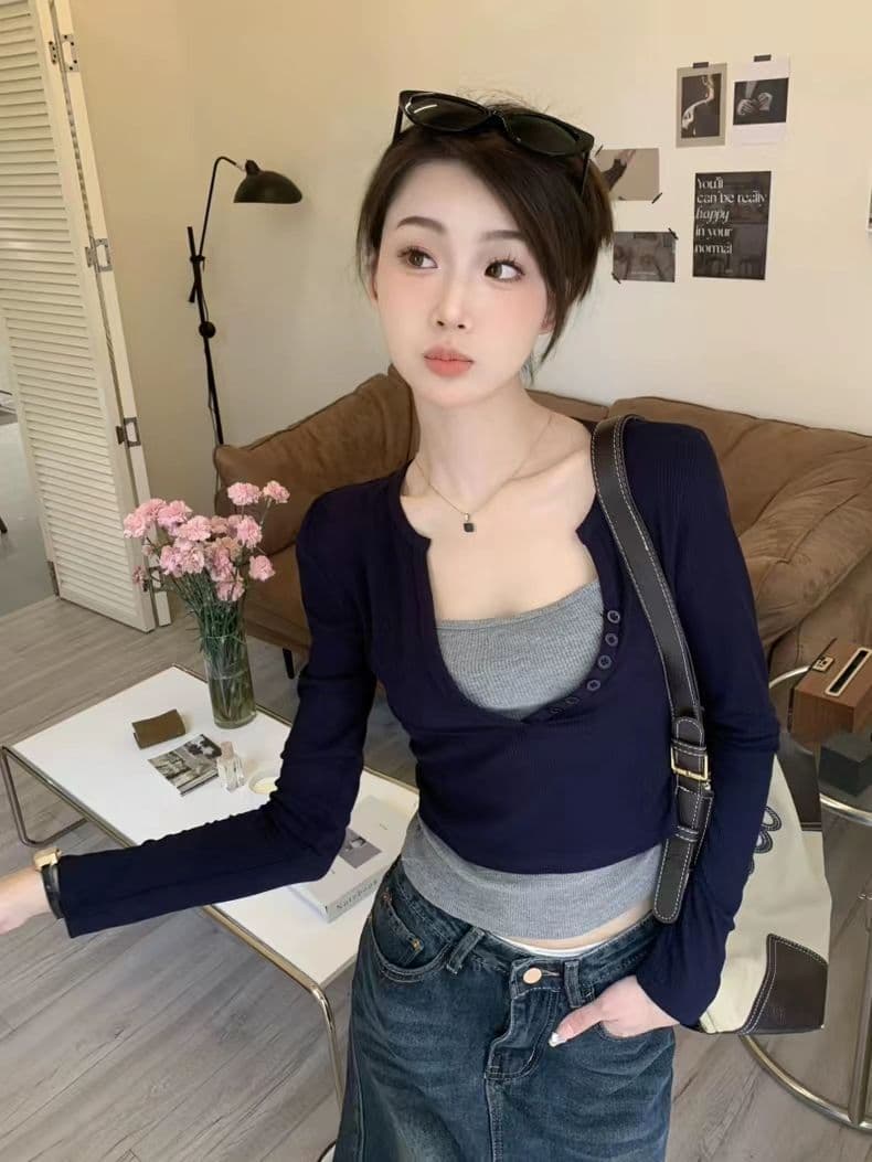 긴팔 티셔츠 페이크 레이어드 기본 셔츠 라운드 넥 맨위 한국 스타일 여성 의류 상세 이미지 8