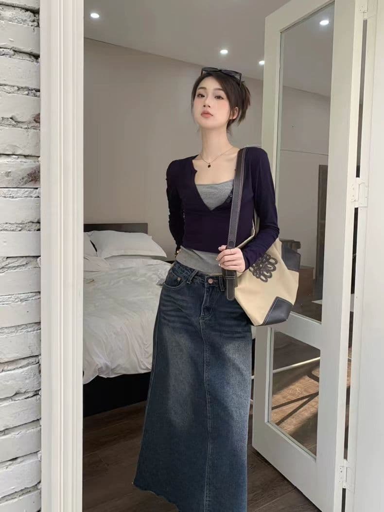 긴팔 티셔츠 페이크 레이어드 기본 셔츠 라운드 넥 맨위 한국 스타일 여성 의류 상세 이미지 9