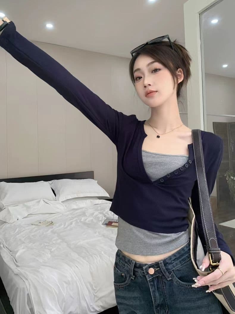 긴팔 티셔츠 페이크 레이어드 기본 셔츠 라운드 넥 맨위 한국 스타일 여성 의류 상세 이미지 10