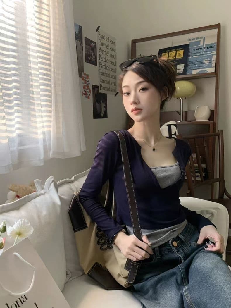 긴팔 티셔츠 페이크 레이어드 기본 셔츠 라운드 넥 맨위 한국 스타일 여성 의류 상세 이미지 13