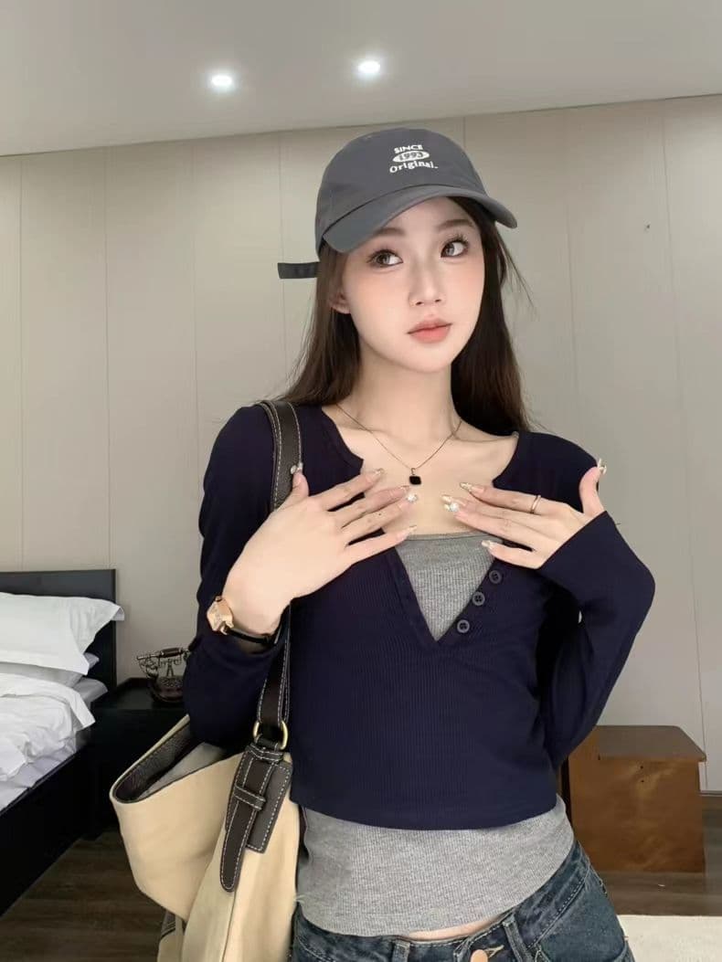 긴팔 티셔츠 페이크 레이어드 기본 셔츠 라운드 넥 맨위 한국 스타일 여성 의류 상세 이미지 14
