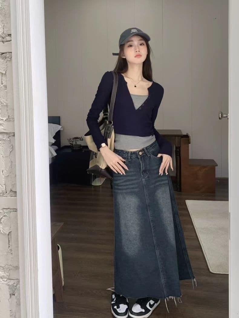 긴팔 티셔츠 페이크 레이어드 기본 셔츠 라운드 넥 맨위 한국 스타일 여성 의류 상세 이미지 15