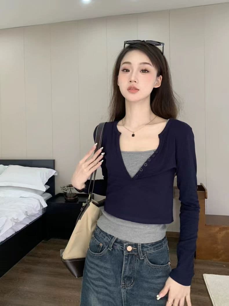 긴팔 티셔츠 페이크 레이어드 기본 셔츠 라운드 넥 맨위 한국 스타일 여성 의류 상세 이미지 16