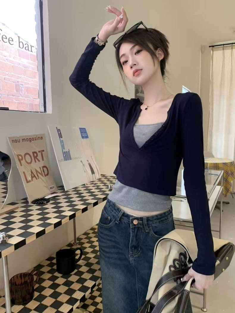 긴팔 티셔츠 페이크 레이어드 기본 셔츠 라운드 넥 맨위 한국 스타일 여성 의류 상세 이미지 17