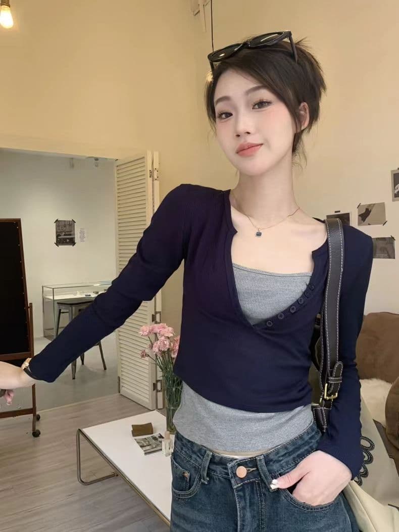 긴팔 티셔츠 페이크 레이어드 기본 셔츠 라운드 넥 맨위 한국 스타일 여성 의류 상세 이미지 18