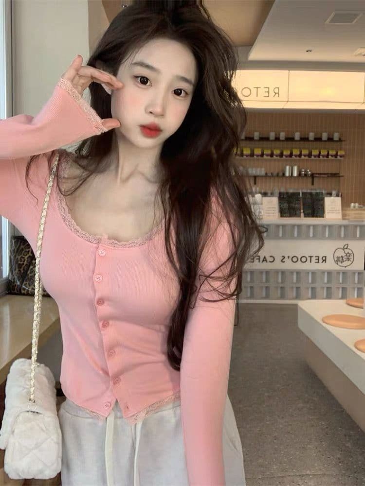 레이스 레이스 허리 수축 타이트 인사이드 가져 가라. 쇼트 스타일 티셔츠 여성 상세 이미지 4