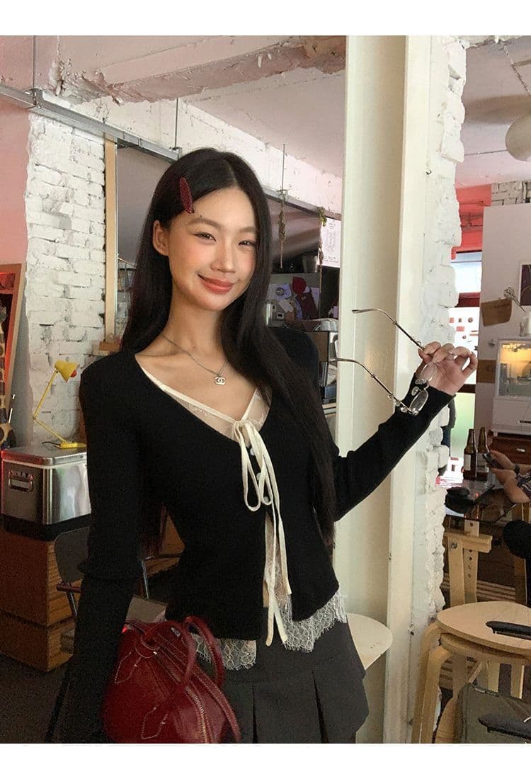 레드 맨 파빌리온 니트 스웨터 여성 착용 가져 가라. 검정색 외부 잡아라. 의류 레이스 페이크 레이어드 스웨터 코트 상세 이미지 3
