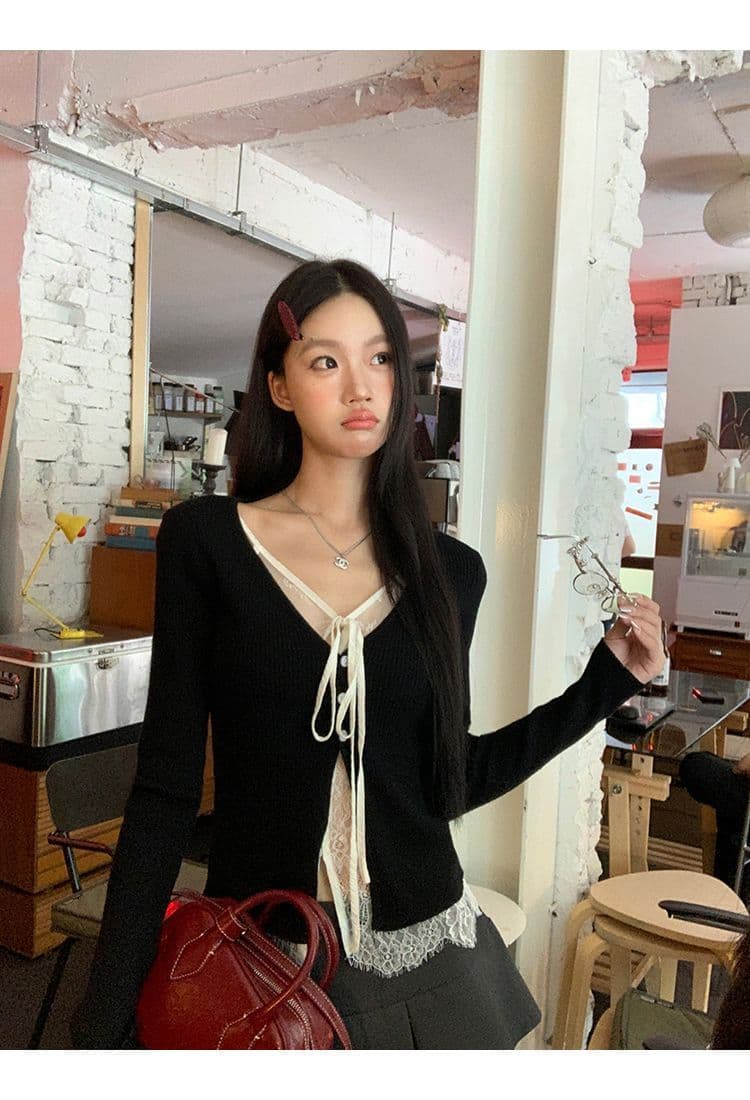 레드 맨 파빌리온 니트 스웨터 여성 착용 가져 가라. 검정색 외부 잡아라. 의류 레이스 페이크 레이어드 스웨터 코트 상세 이미지 4