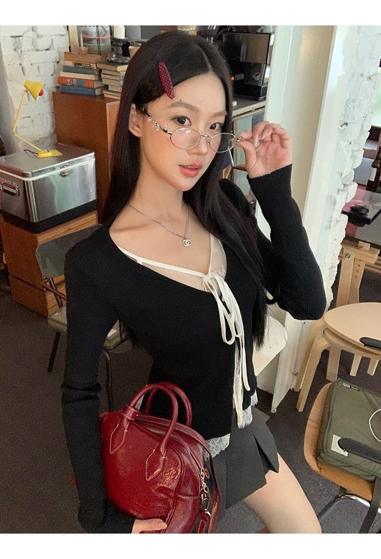 레드 맨 파빌리온 니트 스웨터 여성 착용 가져 가라. 검정색 외부 잡아라. 의류 레이스 페이크 레이어드 스웨터 코트 상세 이미지 5