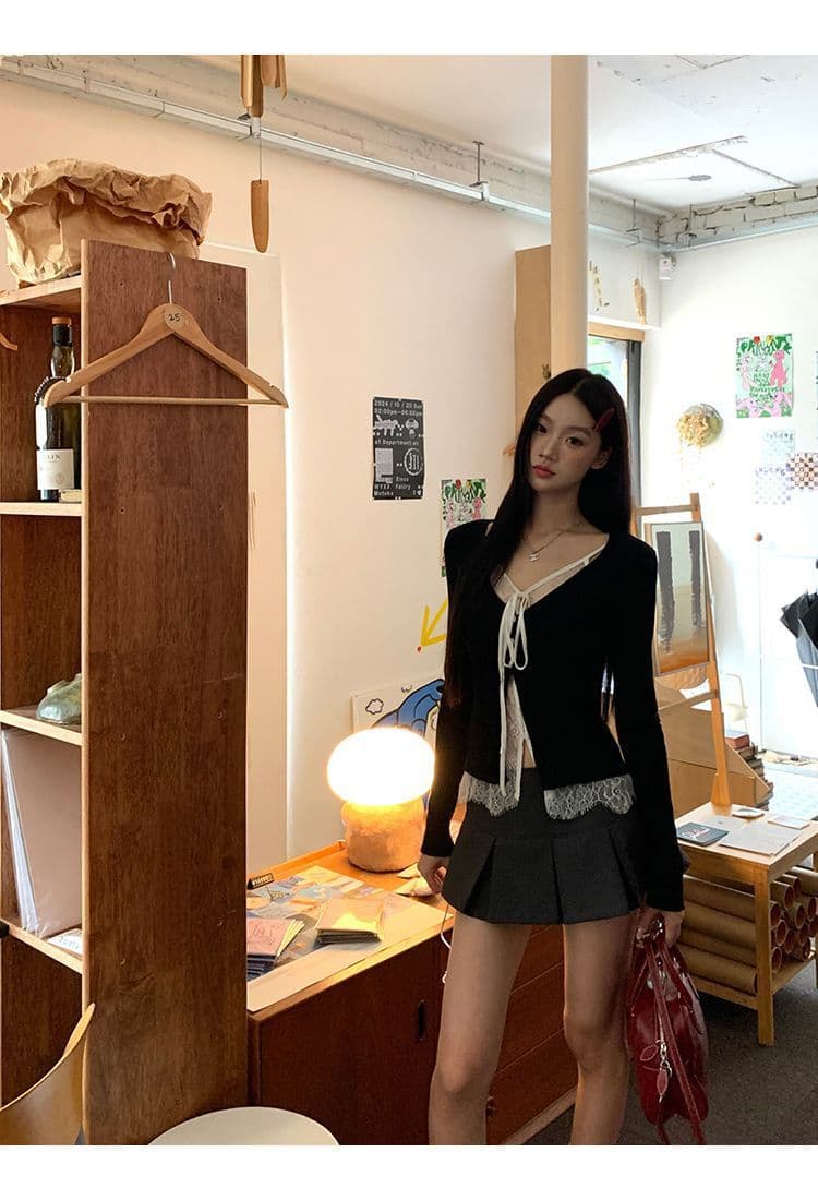 레드 맨 파빌리온 니트 스웨터 여성 착용 가져 가라. 검정색 외부 잡아라. 의류 레이스 페이크 레이어드 스웨터 코트 상세 이미지 10
