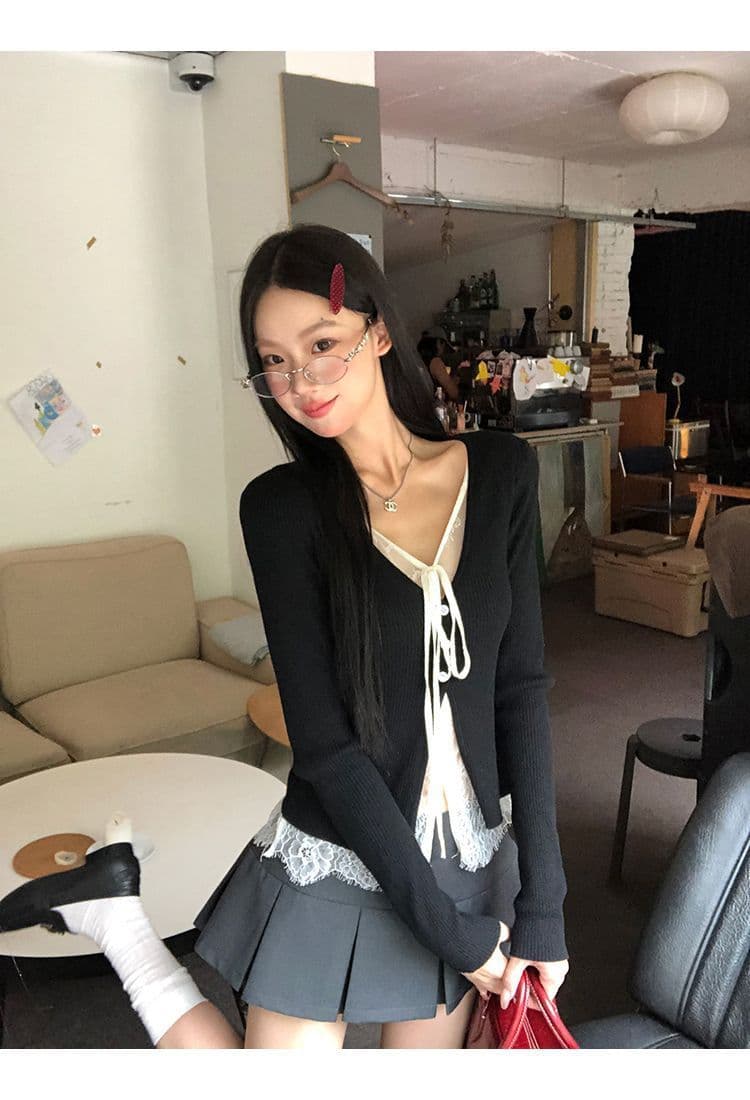 레드 맨 파빌리온 니트 스웨터 여성 착용 가져 가라. 검정색 외부 잡아라. 의류 레이스 페이크 레이어드 스웨터 코트 상세 이미지 11