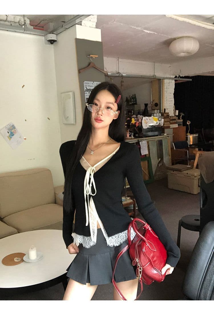 레드 맨 파빌리온 니트 스웨터 여성 착용 가져 가라. 검정색 외부 잡아라. 의류 레이스 페이크 레이어드 스웨터 코트 상세 이미지 12