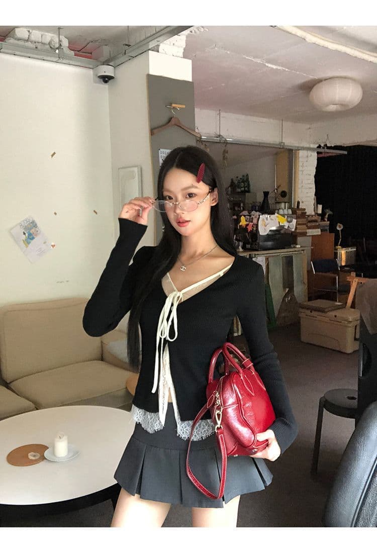 레드 맨 파빌리온 니트 스웨터 여성 착용 가져 가라. 검정색 외부 잡아라. 의류 레이스 페이크 레이어드 스웨터 코트 상세 이미지 13