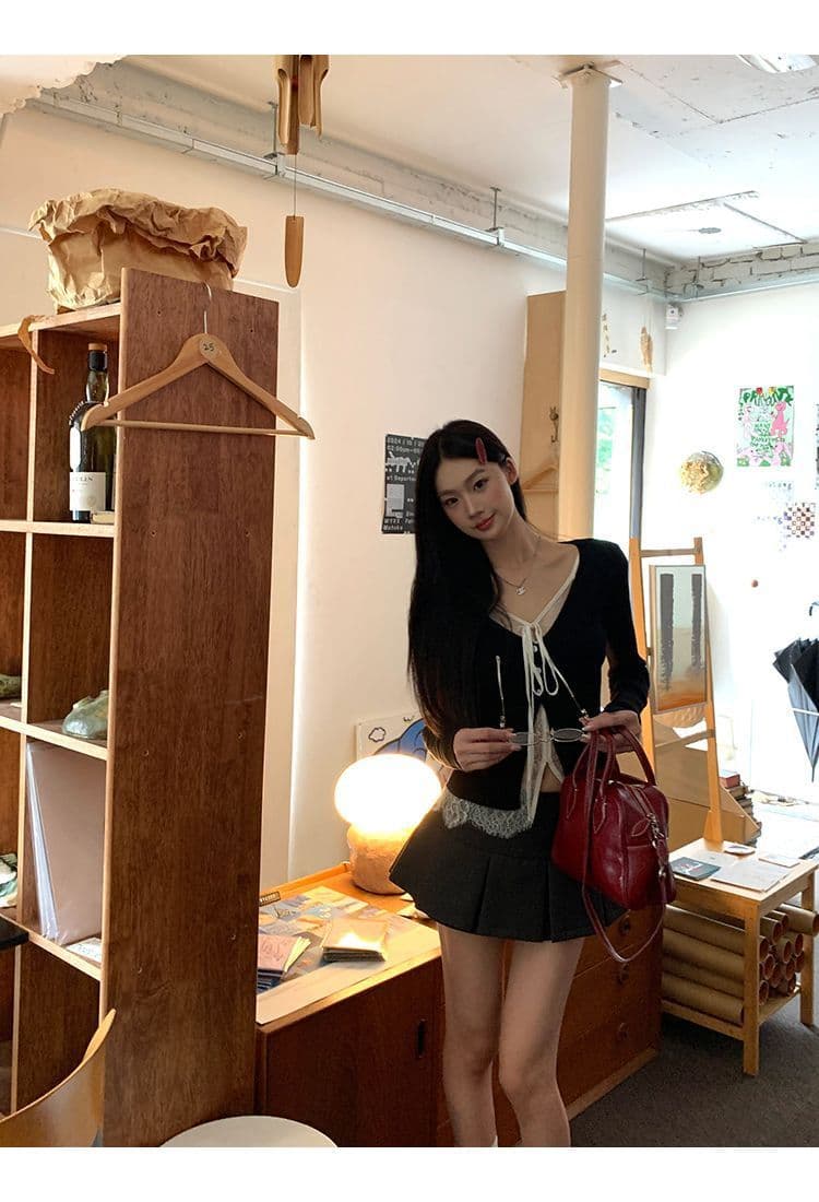 레드 맨 파빌리온 니트 스웨터 여성 착용 가져 가라. 검정색 외부 잡아라. 의류 레이스 페이크 레이어드 스웨터 코트 상세 이미지 14
