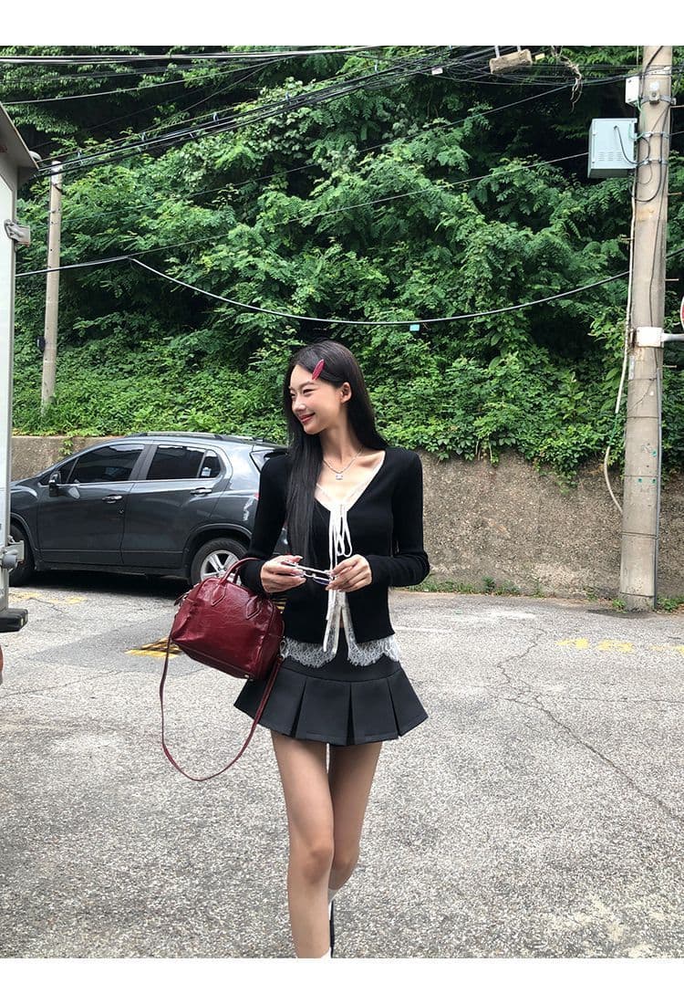 레드 맨 파빌리온 니트 스웨터 여성 착용 가져 가라. 검정색 외부 잡아라. 의류 레이스 페이크 레이어드 스웨터 코트 상세 이미지 18