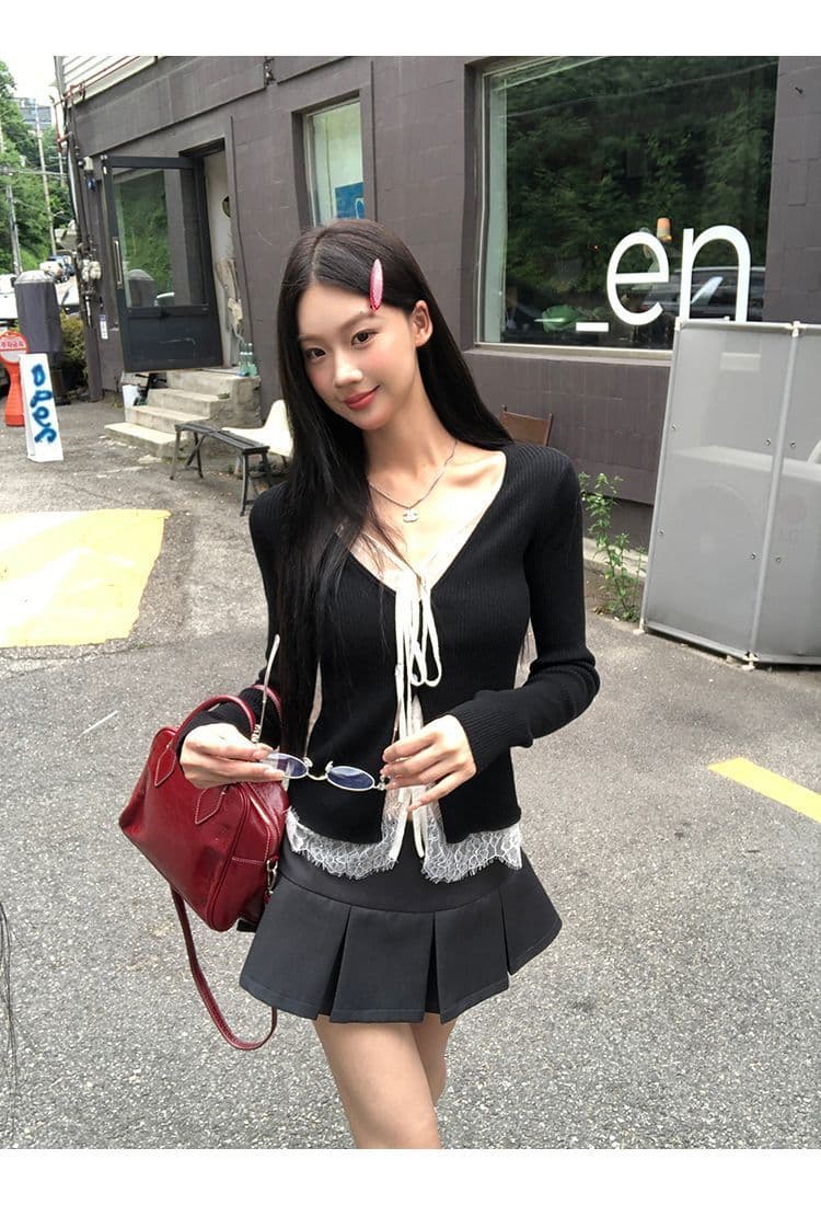 레드 맨 파빌리온 니트 스웨터 여성 착용 가져 가라. 검정색 외부 잡아라. 의류 레이스 페이크 레이어드 스웨터 코트 상세 이미지 20