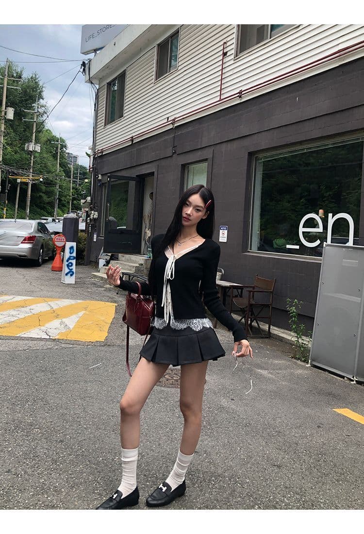 레드 맨 파빌리온 니트 스웨터 여성 착용 가져 가라. 검정색 외부 잡아라. 의류 레이스 페이크 레이어드 스웨터 코트 상세 이미지 21