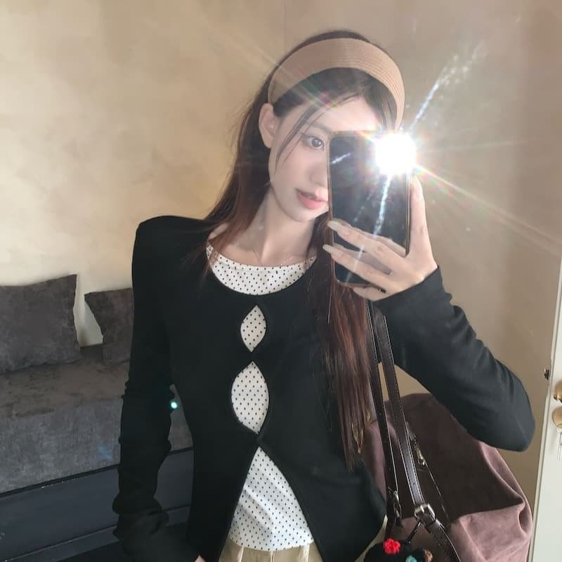 페이크 레이어드 패치워크 배색 긴팔 티셔츠 여성 가을 검정색 몸매 가꾸기 슬림해 보이는 쇼트 스타일 맨위 이미지 5