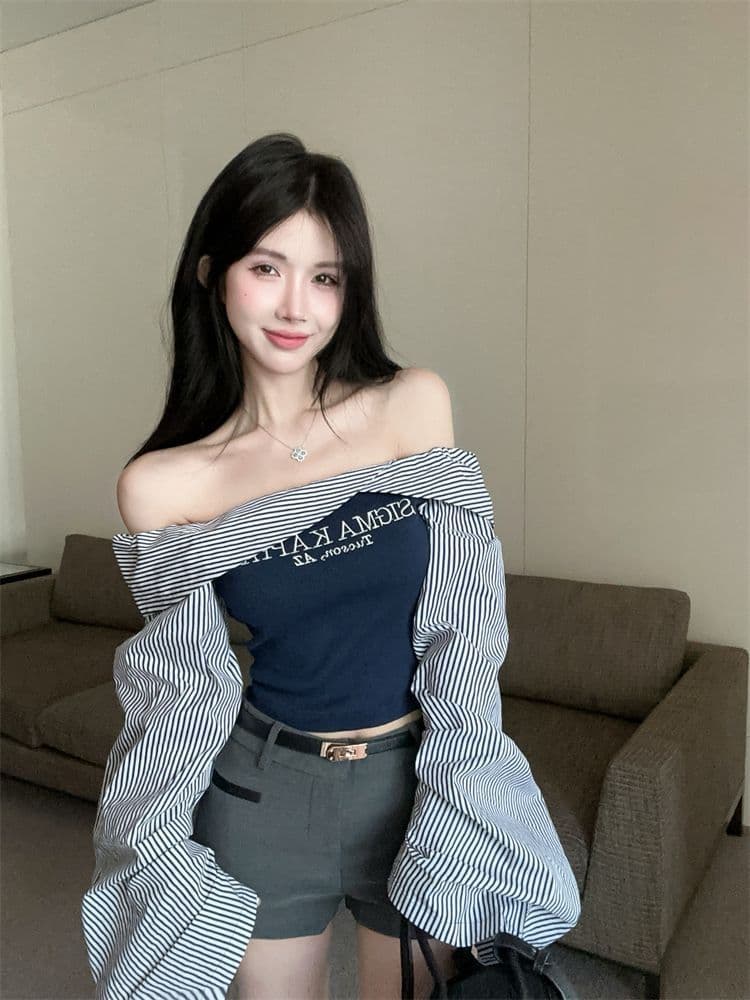 아메리칸 레트로 스트라이프 배색 보트넥 오프숄더 긴팔 셔츠 한국 스타일 세련된 외국 가스 알파벳 프린트 맨위 여성 상세 이미지 1