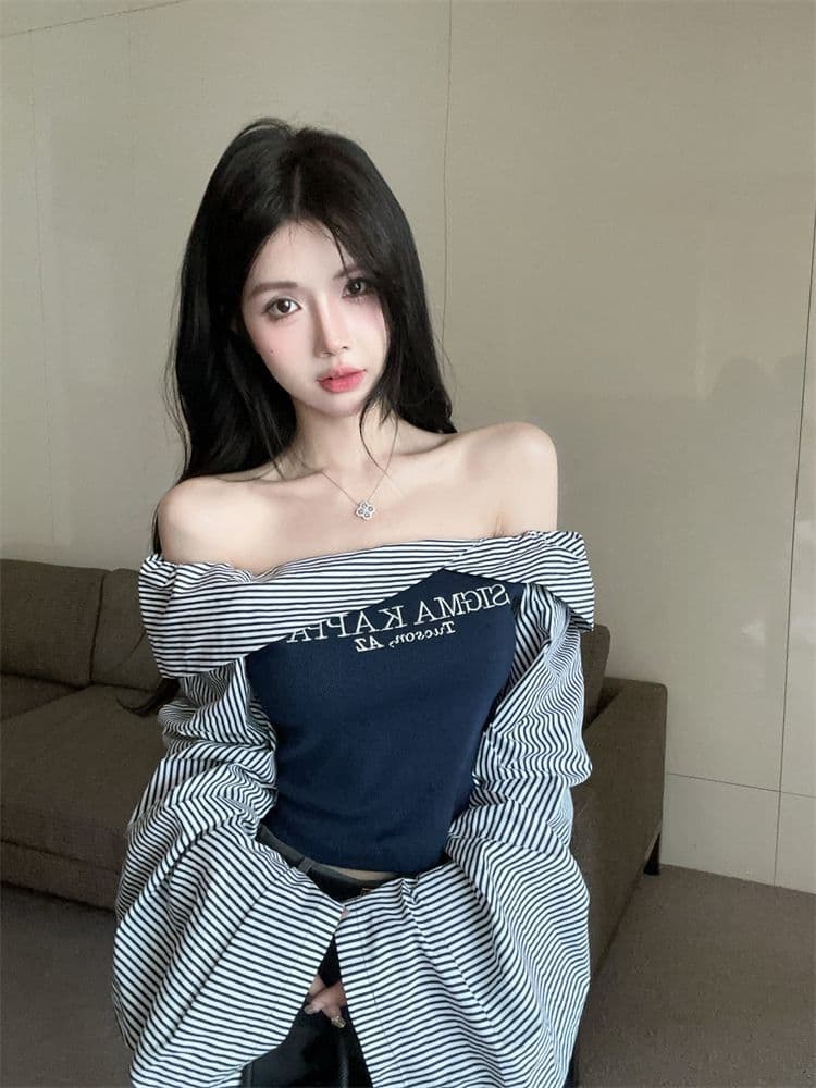 아메리칸 레트로 스트라이프 배색 보트넥 오프숄더 긴팔 셔츠 한국 스타일 세련된 외국 가스 알파벳 프린트 맨위 여성 상세 이미지 2