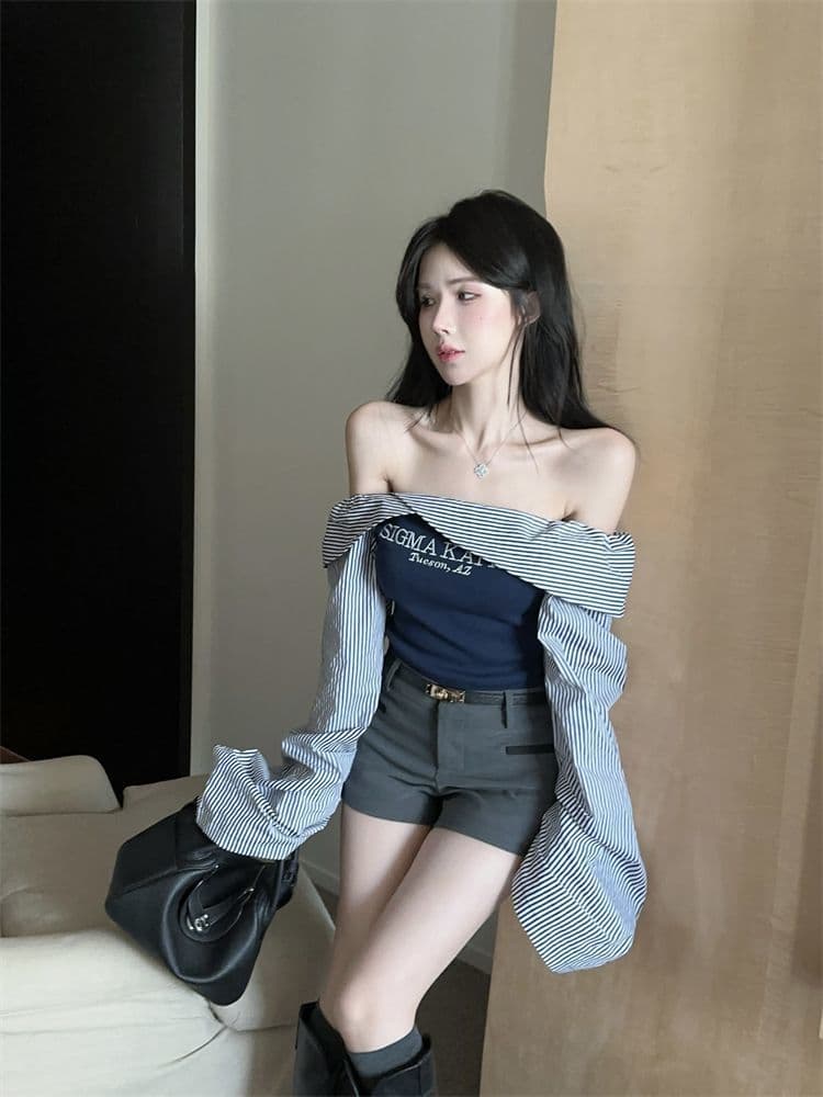 아메리칸 레트로 스트라이프 배색 보트넥 오프숄더 긴팔 셔츠 한국 스타일 세련된 외국 가스 알파벳 프린트 맨위 여성 상세 이미지 4