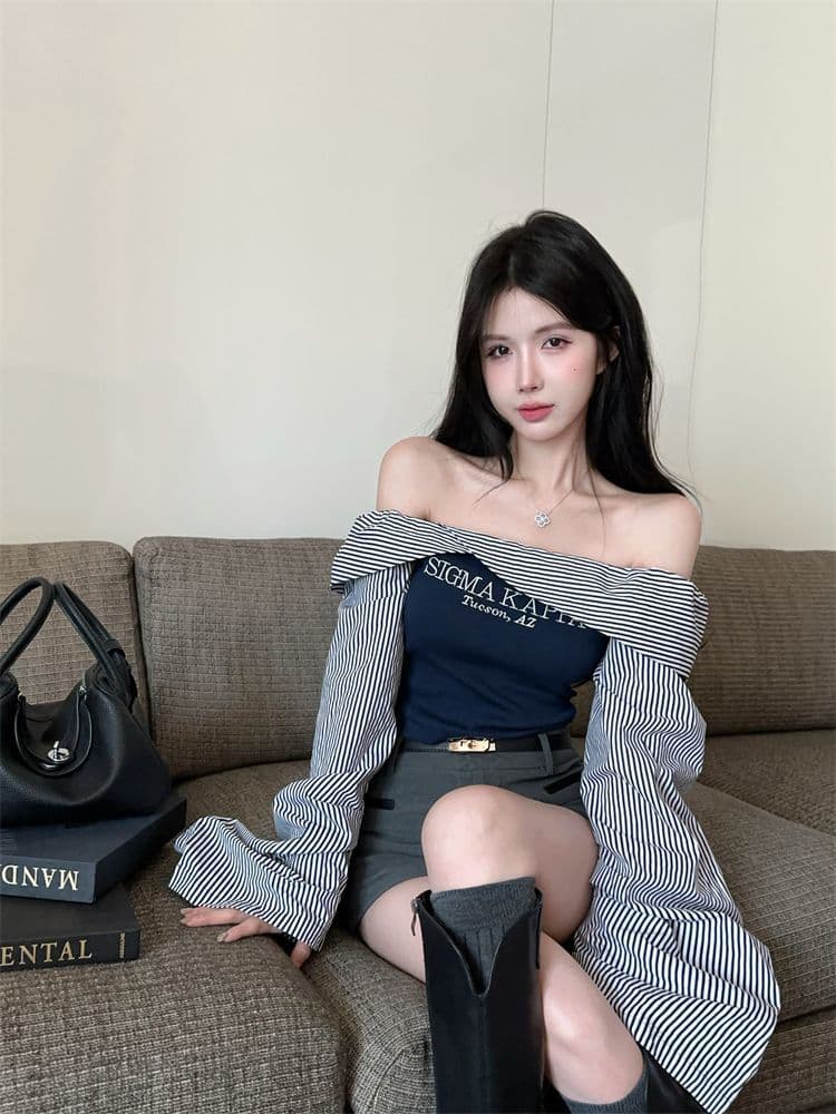 아메리칸 레트로 스트라이프 배색 보트넥 오프숄더 긴팔 셔츠 한국 스타일 세련된 외국 가스 알파벳 프린트 맨위 여성 상세 이미지 5