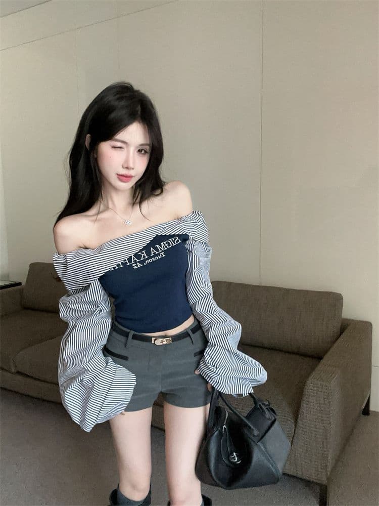 아메리칸 레트로 스트라이프 배색 보트넥 오프숄더 긴팔 셔츠 한국 스타일 세련된 외국 가스 알파벳 프린트 맨위 여성 상세 이미지 6