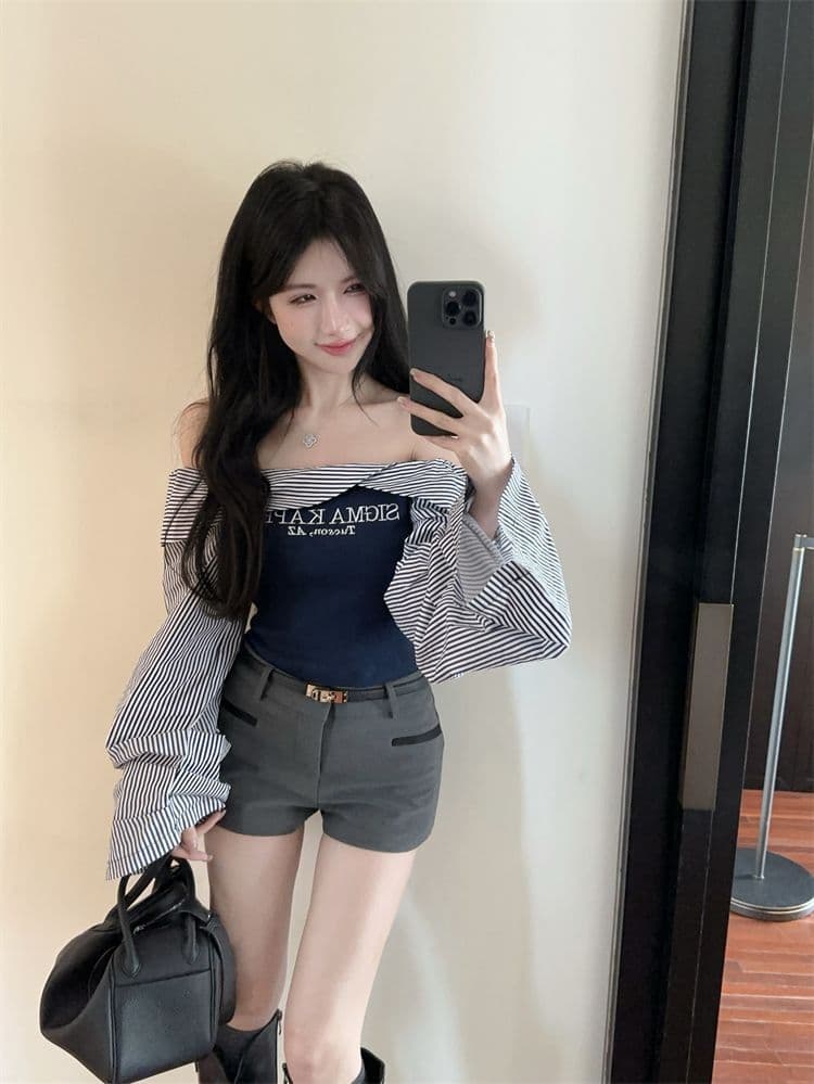 아메리칸 레트로 스트라이프 배색 보트넥 오프숄더 긴팔 셔츠 한국 스타일 세련된 외국 가스 알파벳 프린트 맨위 여성 상세 이미지 7