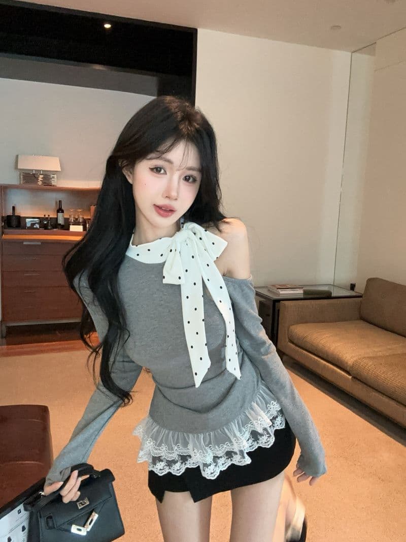 핫걸 오프숄더 패치워크 긴팔 티셔츠 느긋한 바람 섹시함 작은 대중 몸매 가꾸기 슬림해 보이는 비스듬한 어깨 의류 상세 이미지 2