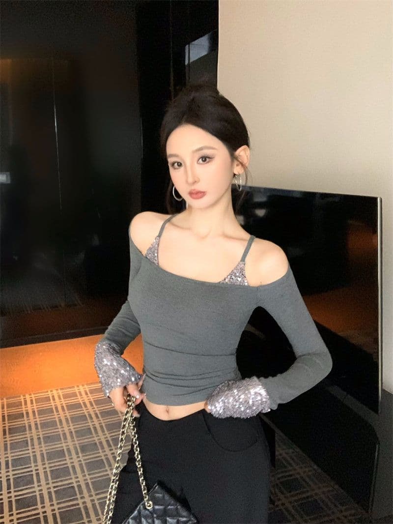 모방 면 벨트 가슴 패드 스팽글 긴팔 티셔츠 여성 가을 오프숄더 몸매 가꾸기 핫걸 바람 만나는 맨위 상세 이미지 2