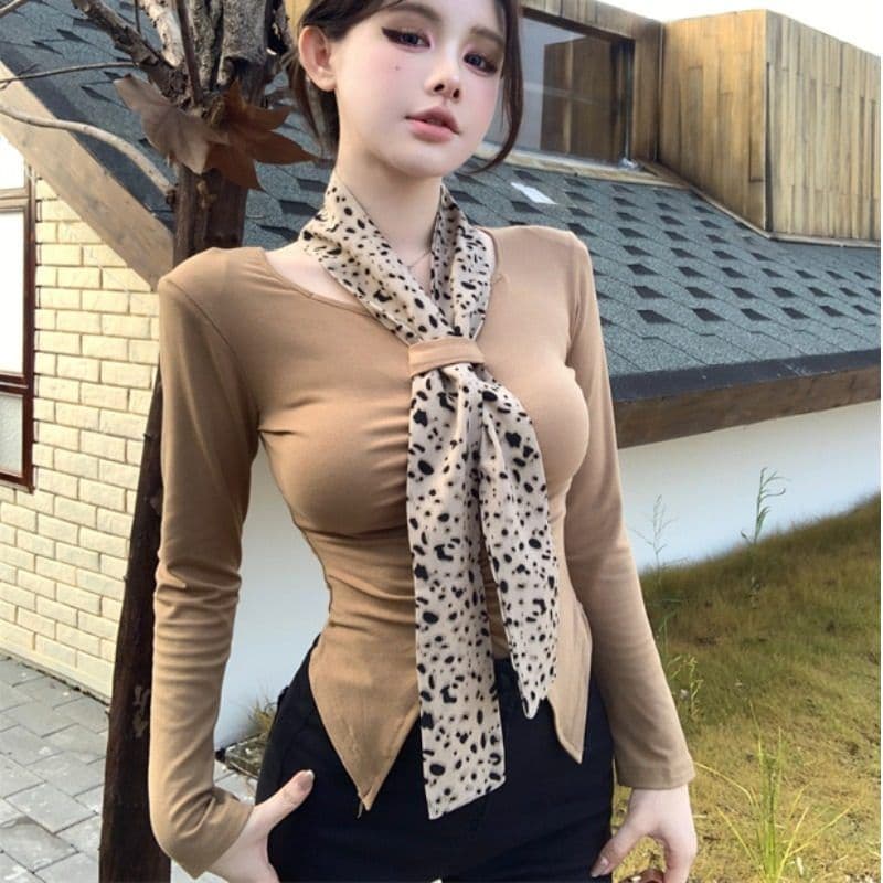 레오파드 무늬 리본 순수한 품질 주름 디자인 센스 긴팔 기본 셔츠 여성 인사이드 가져 가라. 고유 한 맨위