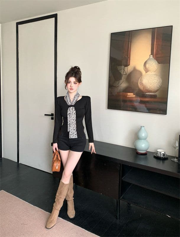 레오파드 무늬 리본 순수한 품질 주름 디자인 센스 긴팔 기본 셔츠 여성 인사이드 가져 가라. 고유 한 맨위 상세 이미지 13